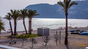 A beach with palm trees, a water body, and a hilly landscape in the background. - H.Boutique la Caleta bay (Almunecar)
