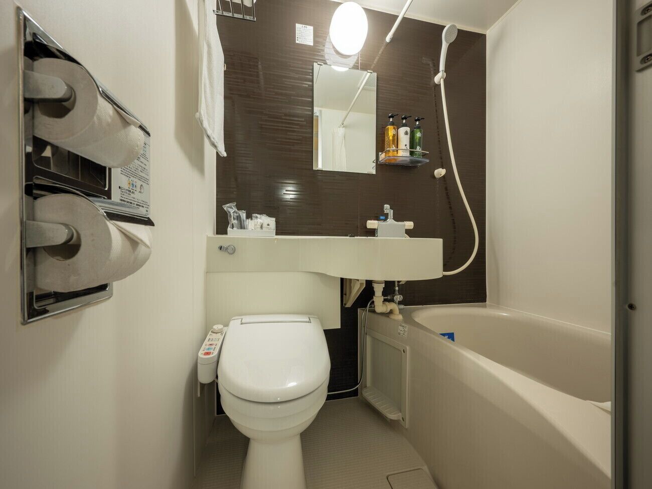 combined shower/bathtub, free toiletries, hair dryer, slippers