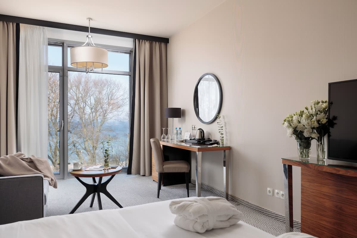 A hotel room with a bed, a desk, a chair, a television, a mirror, and a window with a view.