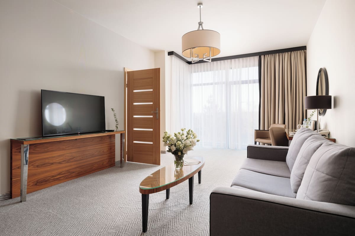 A modern hotel room with a flat-screen TV, a wooden console, a sofa, a coffee table, and a large window with curtains.
