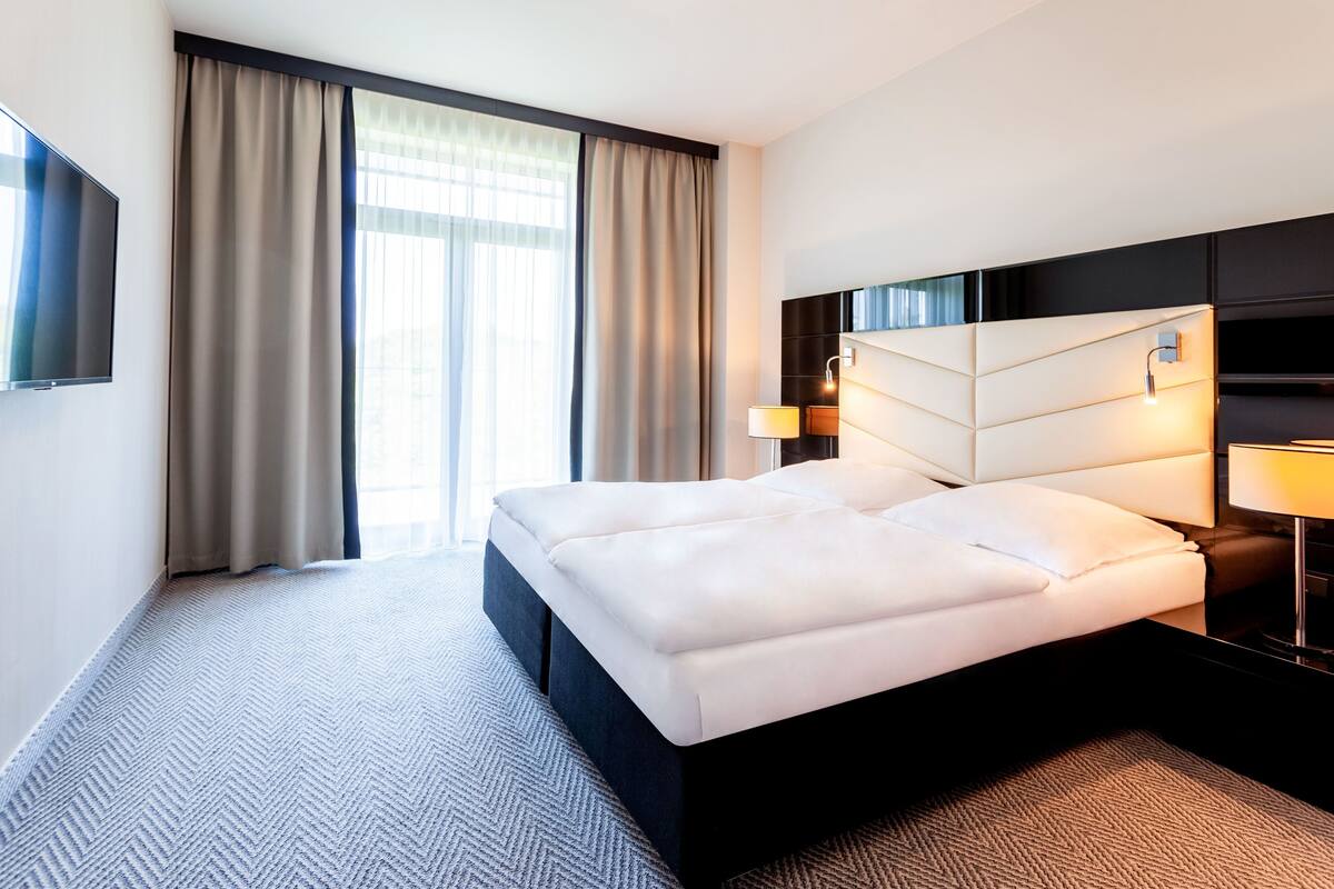 A hotel room with a large bed, a flat-screen TV, a bedside table with a lamp, and a view of the outdoors through the window.