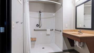 Room, 1 Queen Bed, Accessible (Hearing Impaired, Roll In Shower) | Bathroom | Combined shower/tub, free toiletries, hair dryer, towels