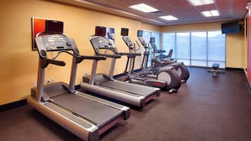A gym with treadmills, stationary bikes, and a weight bench.