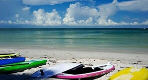 A beach with several colorful kayaks lined up on the sand. - Coconut Inn (St. Pete Beach)