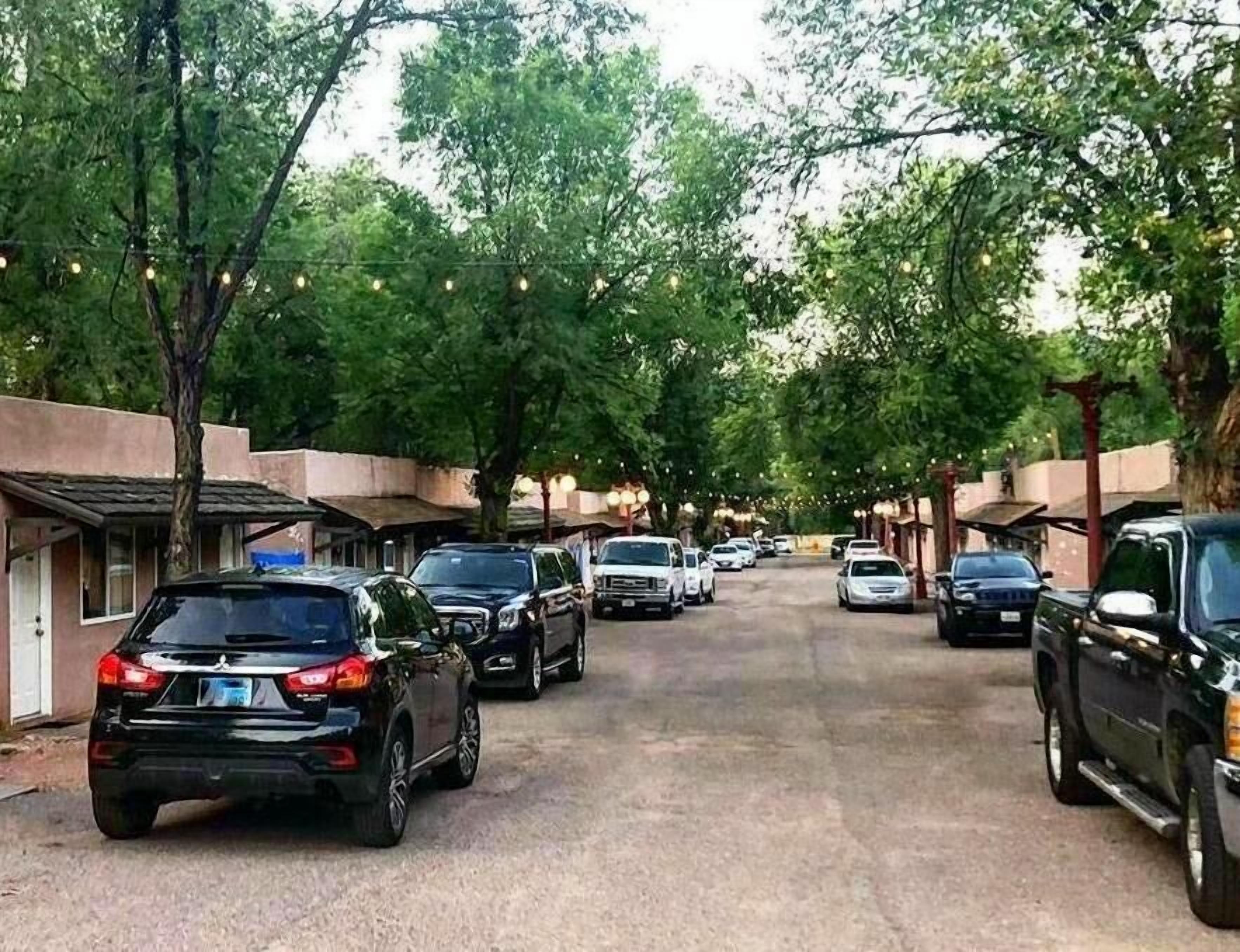 Calle arbolada con coches aparcados y edificios a ambos lados.