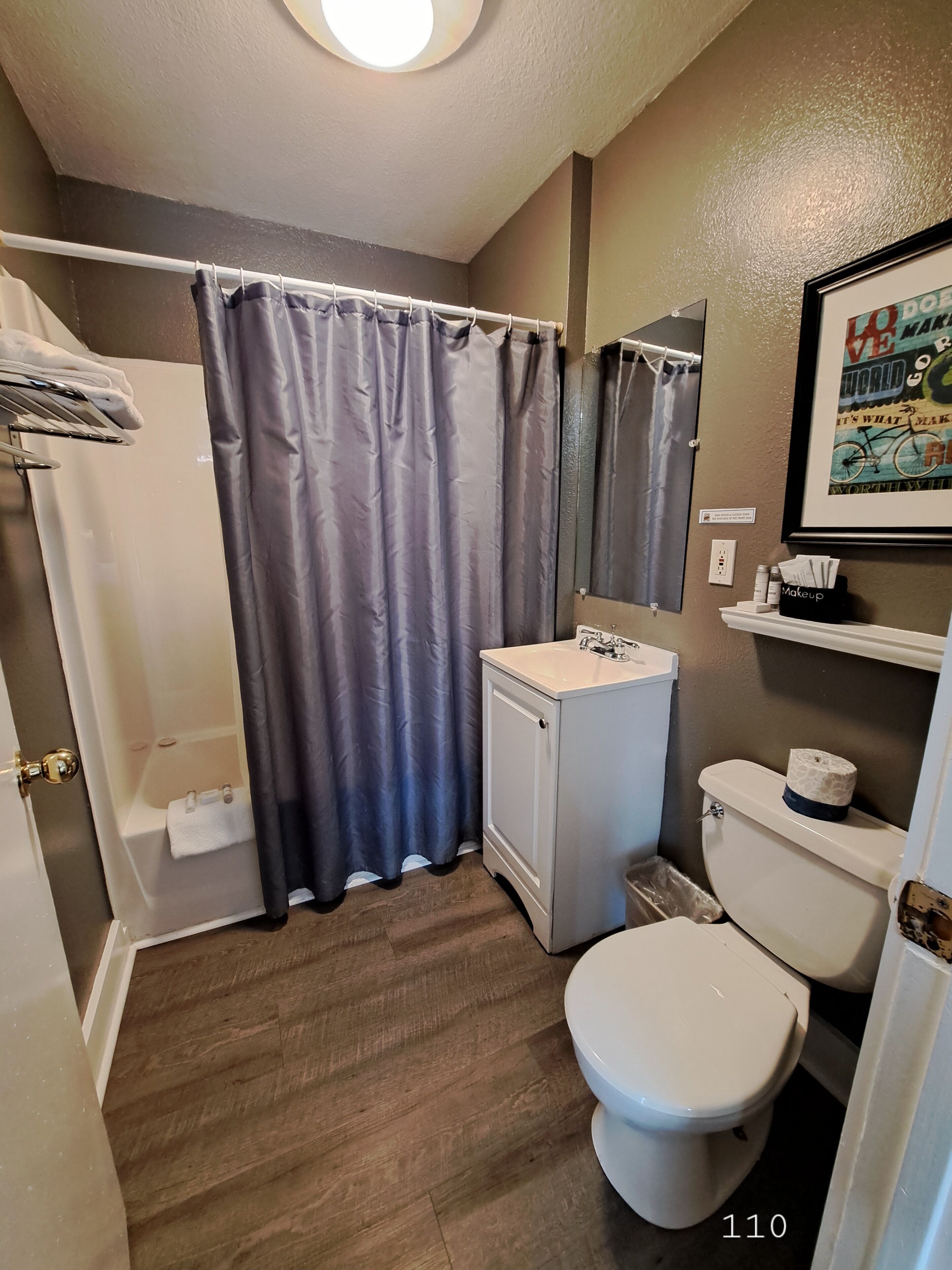 A bathroom with a shower, toilet, sink, and a framed picture on the wall.