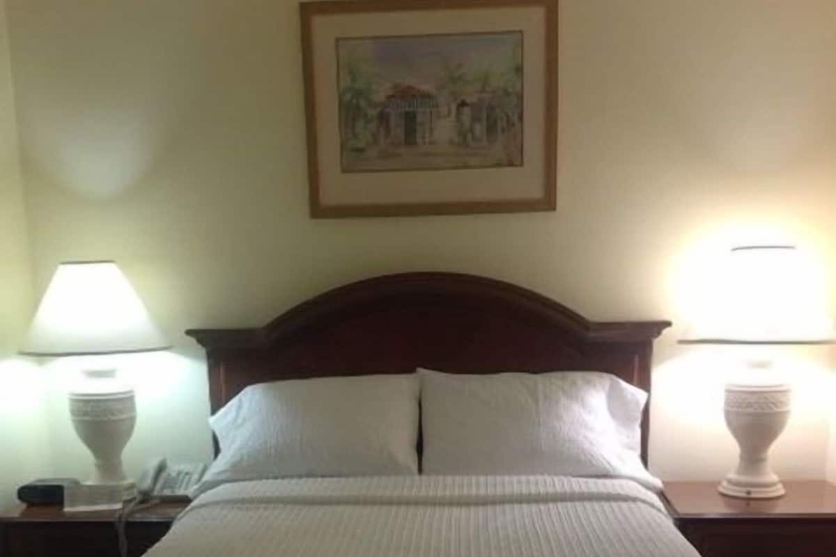 Uma cama com cabeceira de madeira, duas mesas de cabeceira com abajures e um quadro na parede.