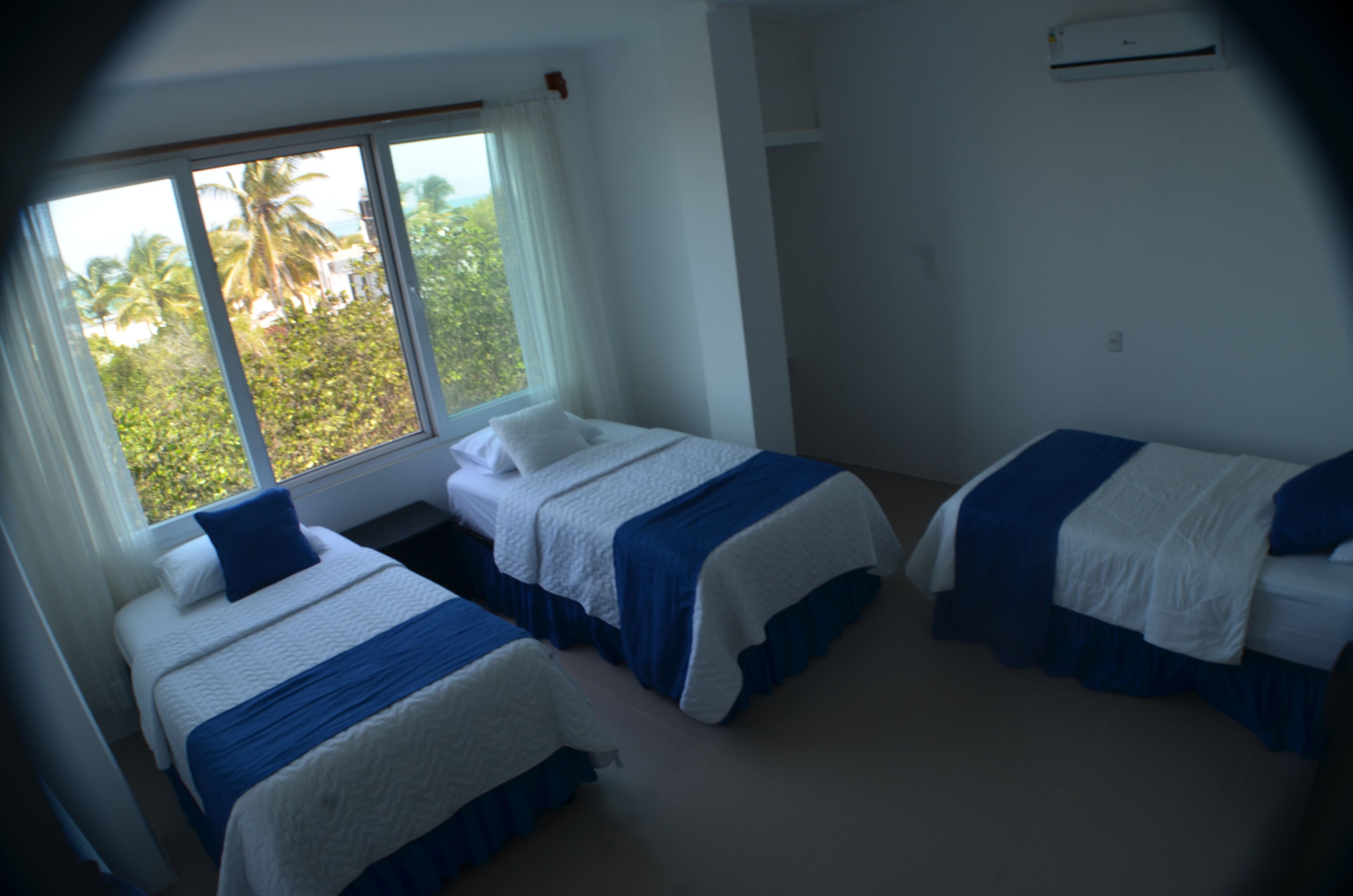 Una habitación con dos camas, una ventana que da a palmeras y un equipo de aire acondicionado en la pared.