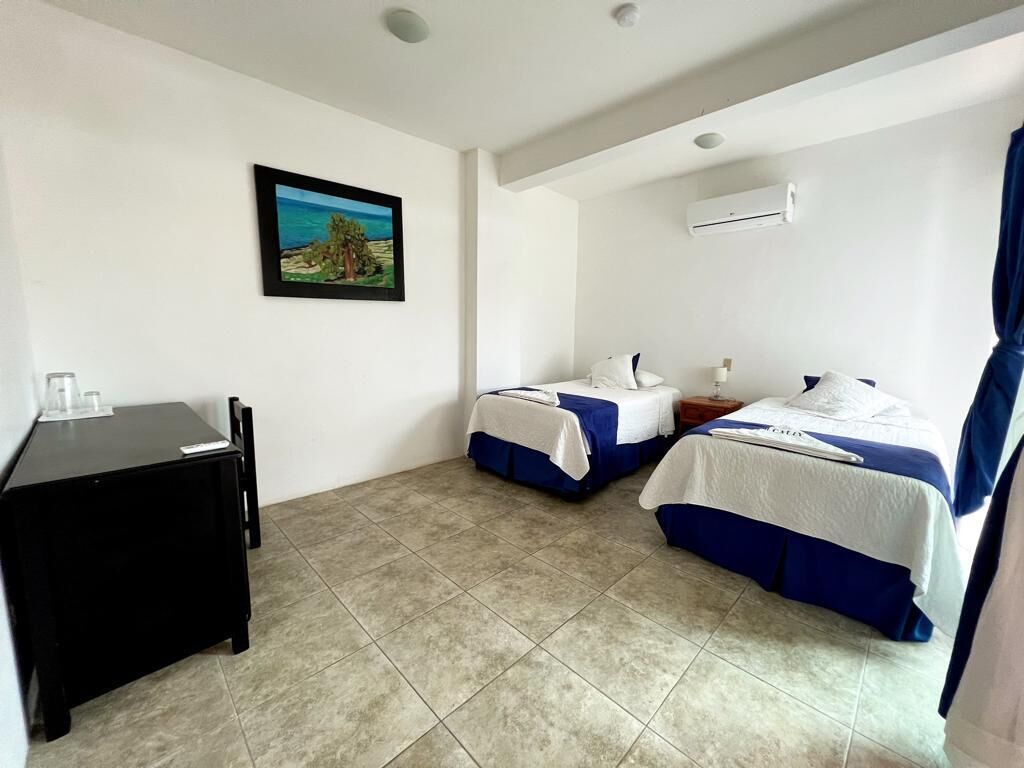 Una habitación de hotel con dos camas, un escritorio y un cuadro en la pared.