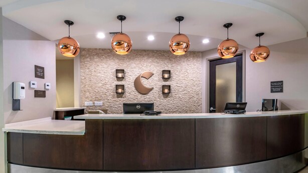 A reception desk with a modern design, a stone wall backdrop, and multiple pendant lights. - Comfort Suites Fort Lauderdale Airport South & Cruise Port (Dania Beach)