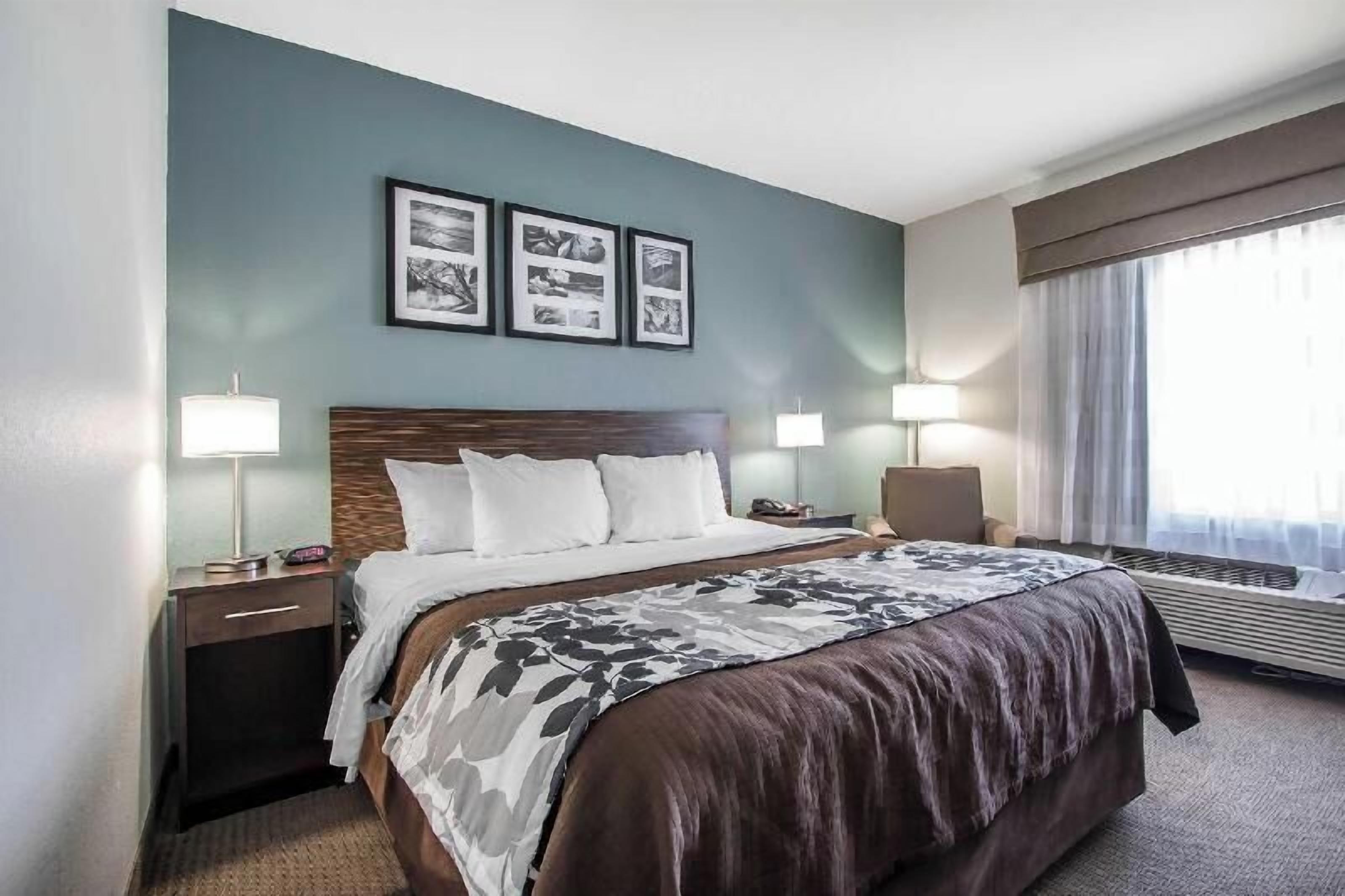 A hotel room with a bed, bedside tables, lamps, a large window with curtains, and framed pictures on the wall.