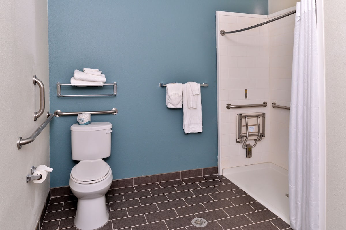 A bathroom with a toilet, a shower, and a towel rack.