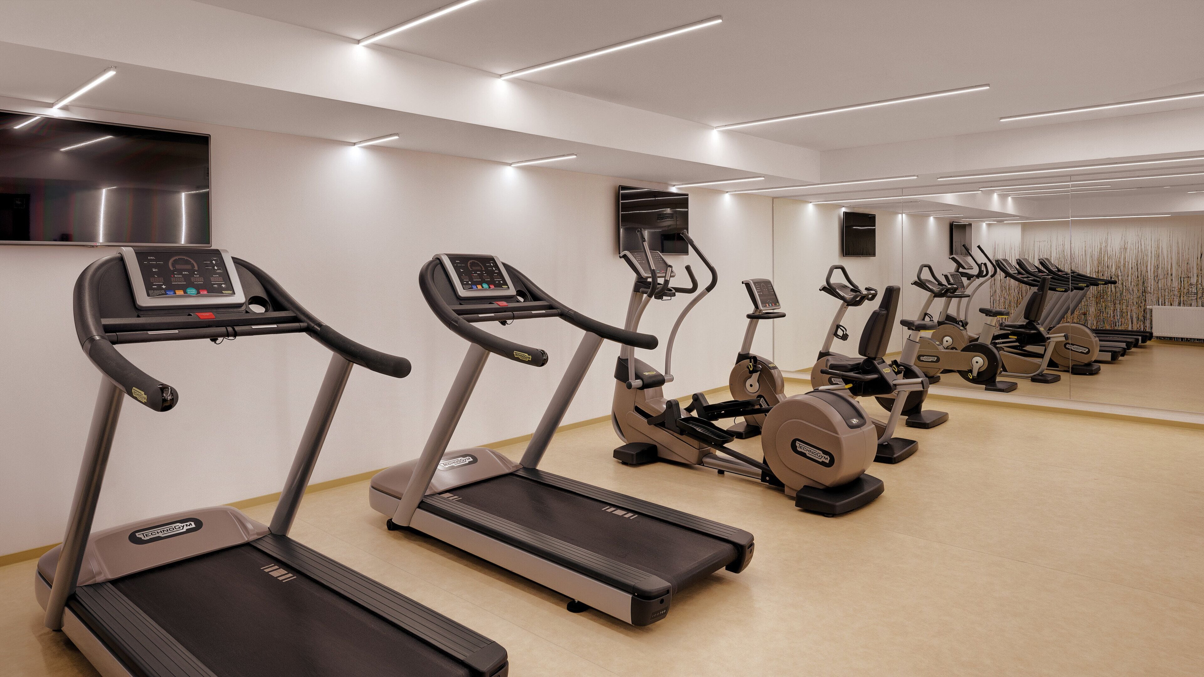 Ein Fitnessraum mit mehreren Laufbändern und Crosstrainern, einem an der Wand befestigten Flachbildfernseher und einem hellen Boden.