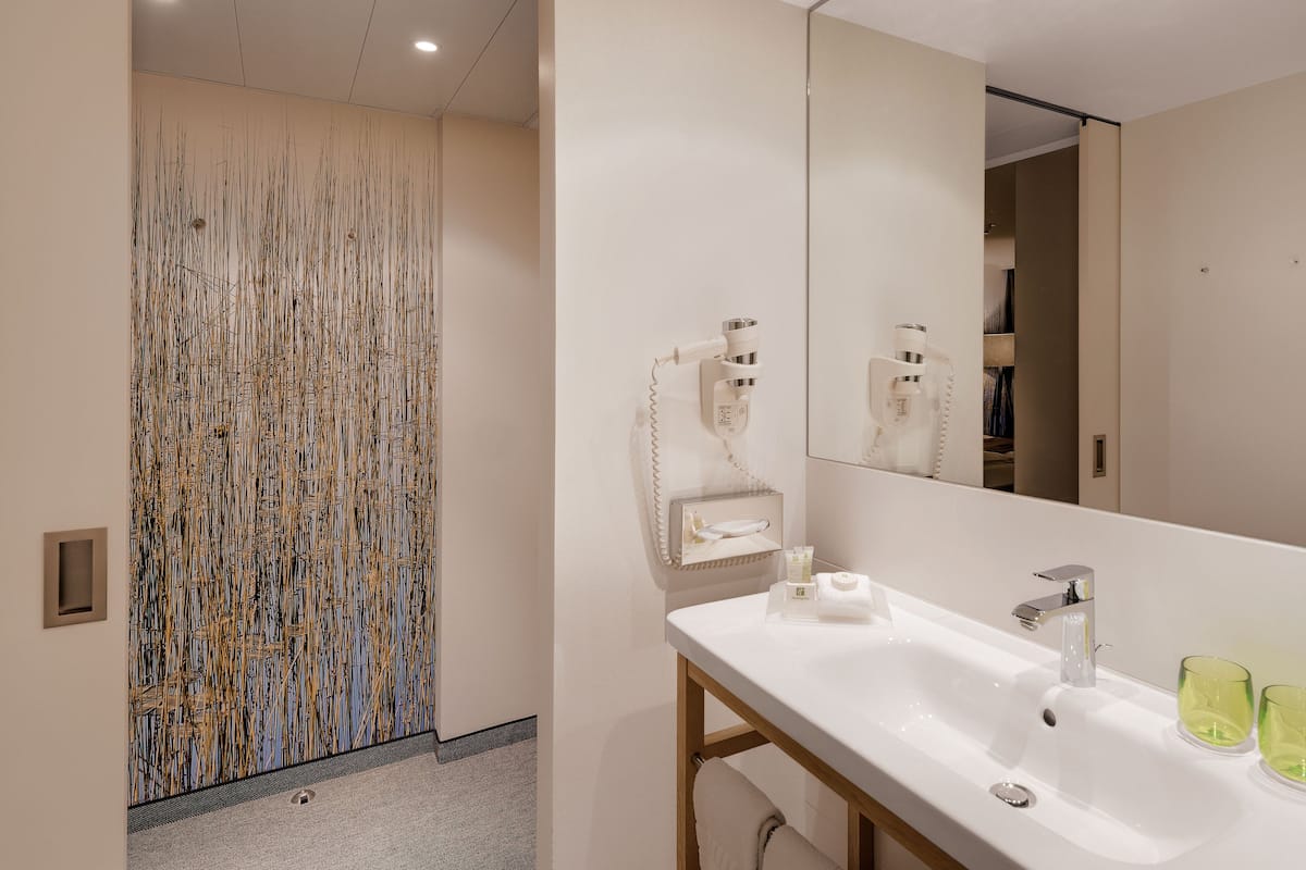 eco-friendly toiletries, hair dryer, towels