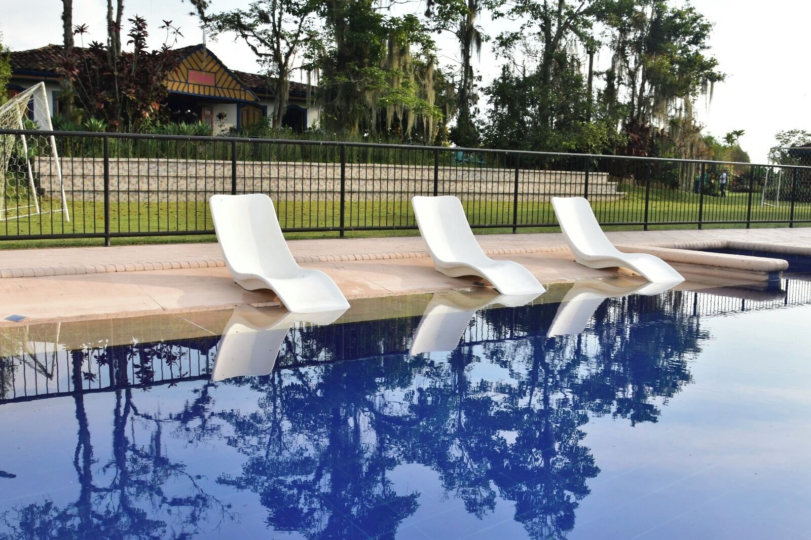 Una piscina al aire libre, sillones reclinables de piscina