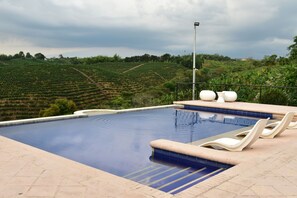 Outdoor pool, open 8:00 AM to 8:00 PM, sun loungers