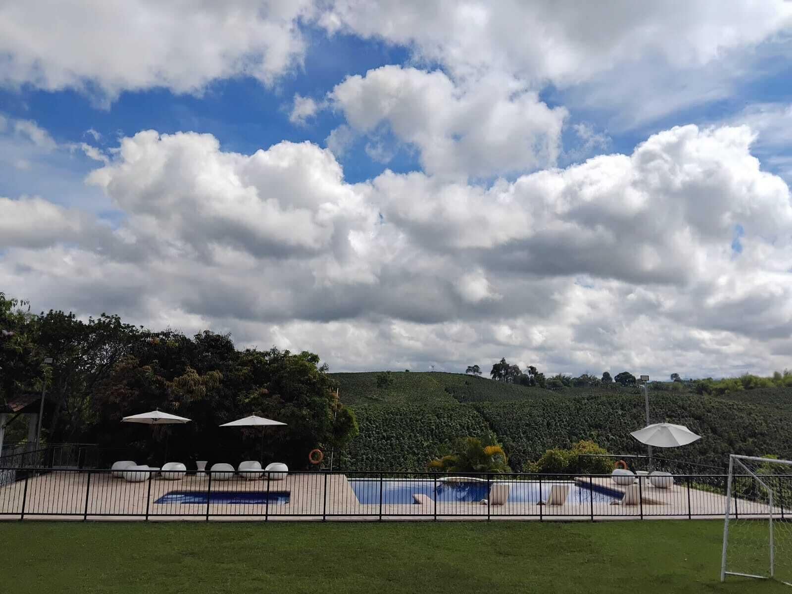 A fenced outdoor area with a swimming pool, lounge chairs, and umbrellas.