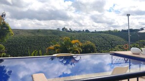A swimming pool with a view of a lush green hillside. - Finca Hotel Los girasoles (Montenegro)