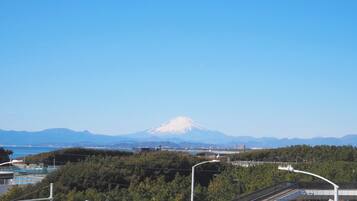 A view of Mount Fuji in the background with a parking sign and a pedestrian bridge in the foreground.