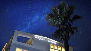 The Breath Hotel with a clear night sky and a palm tree in the foreground. - Breath Hotel (Fujisawa)