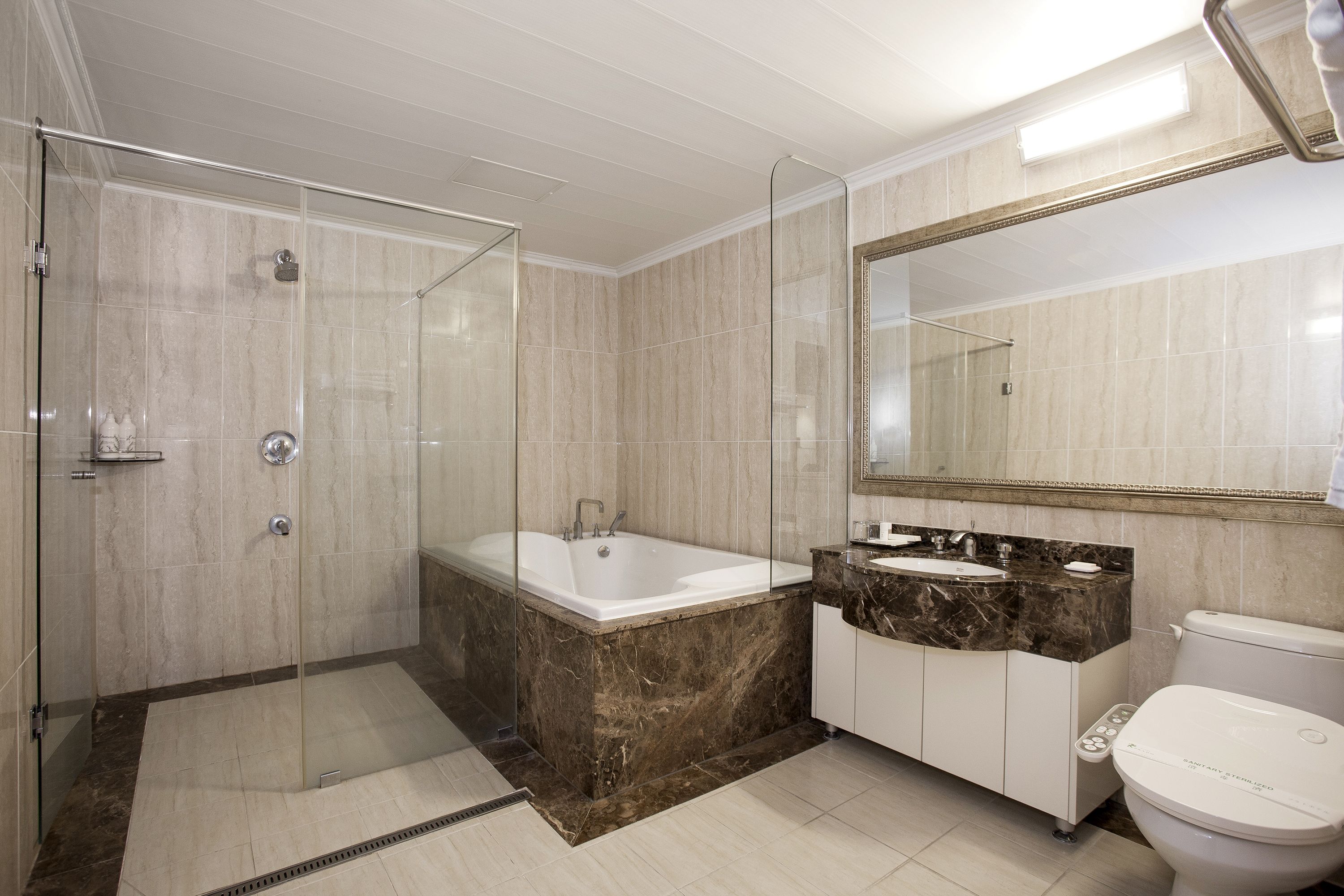 A modern bathroom with a glass-enclosed shower, a freestanding bathtub, a vanity with a marble countertop, and a large mirror.