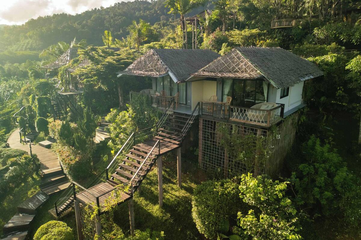 A bungalow with a thatched roof, wooden staircase, and a view of lush greenery.