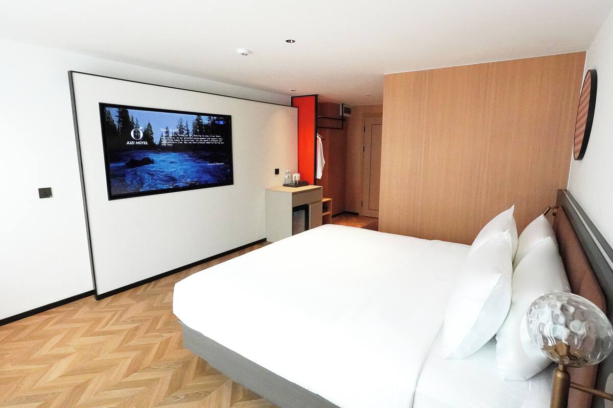 Una habitación de hotel moderna con una cama grande, un televisor instalado en la pared y un armario de madera.