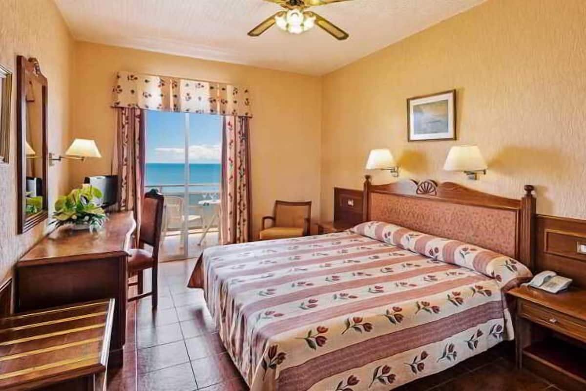 A hotel room with a bed, a desk, a chair, a nightstand, a lamp, a ceiling fan, and a window with a view.