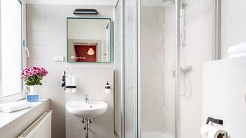 A modern bathroom with a glass shower enclosure, a white sink, and a mirror above it.