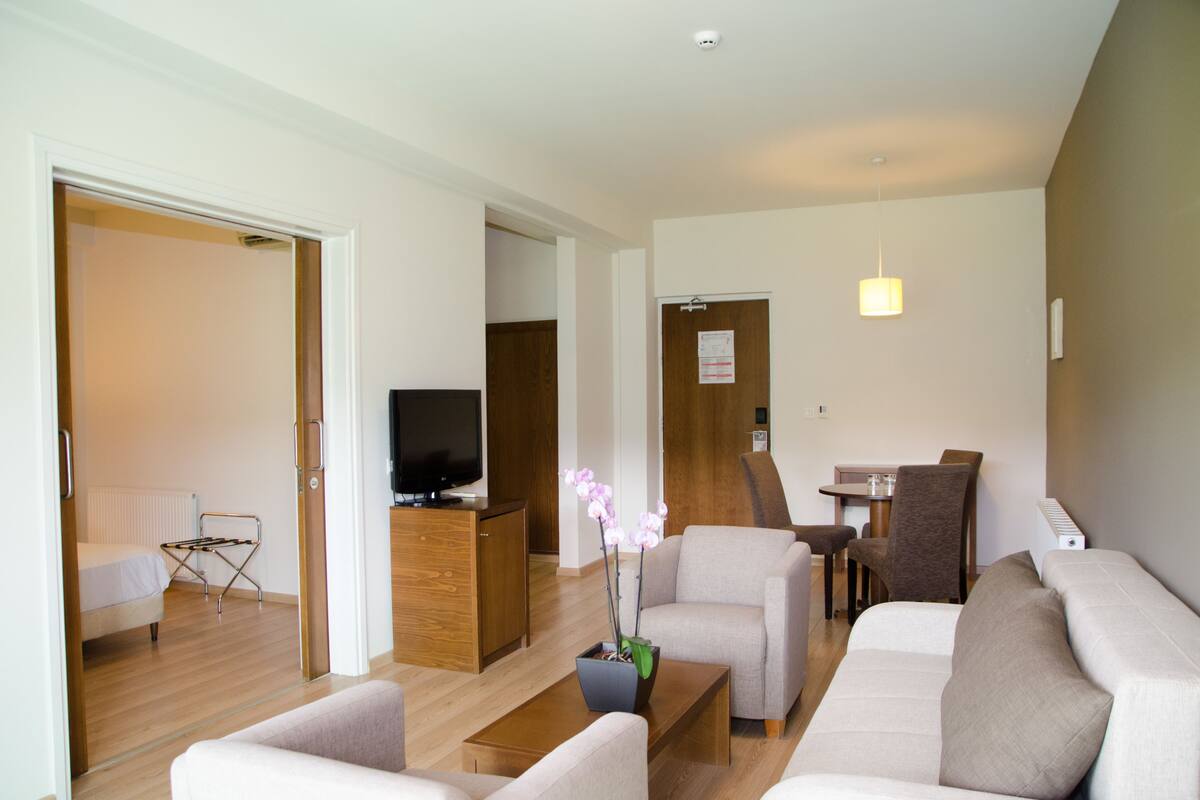 Ein modernes Wohnzimmer mit einer Couch, einem Sessel und einem Couchtisch. Ein Fernseher steht auf einer Holzkommode, und im Hintergrund befindet sich ein kleiner Tisch mit Stühlen.