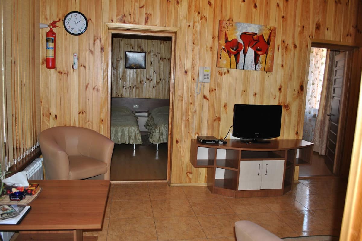 A compact room with a wooden interior, a bed, a television on a wooden stand, a chair, and a small table with a book and a bowl of fruit.