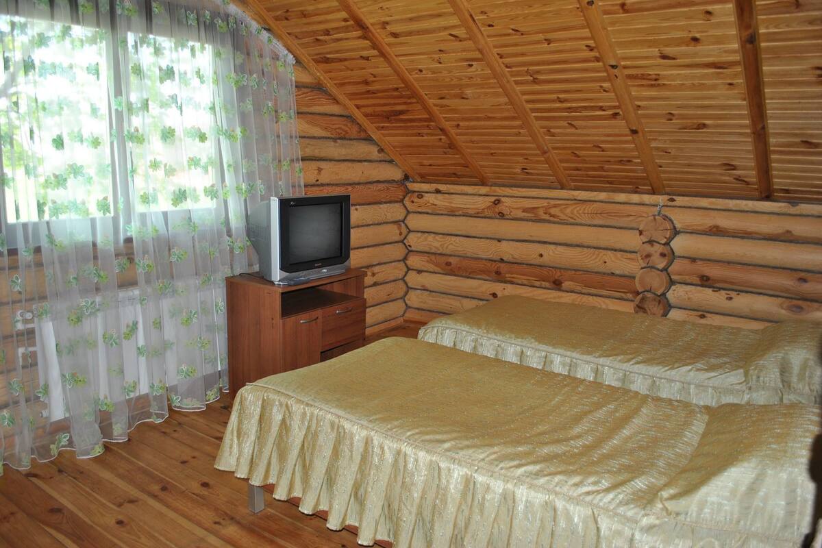 A cozy cabin room with a wooden ceiling, a television on a wooden cabinet, and two beds with matching headboards.
