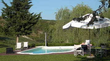 Outdoor pool, pool umbrellas, sun loungers