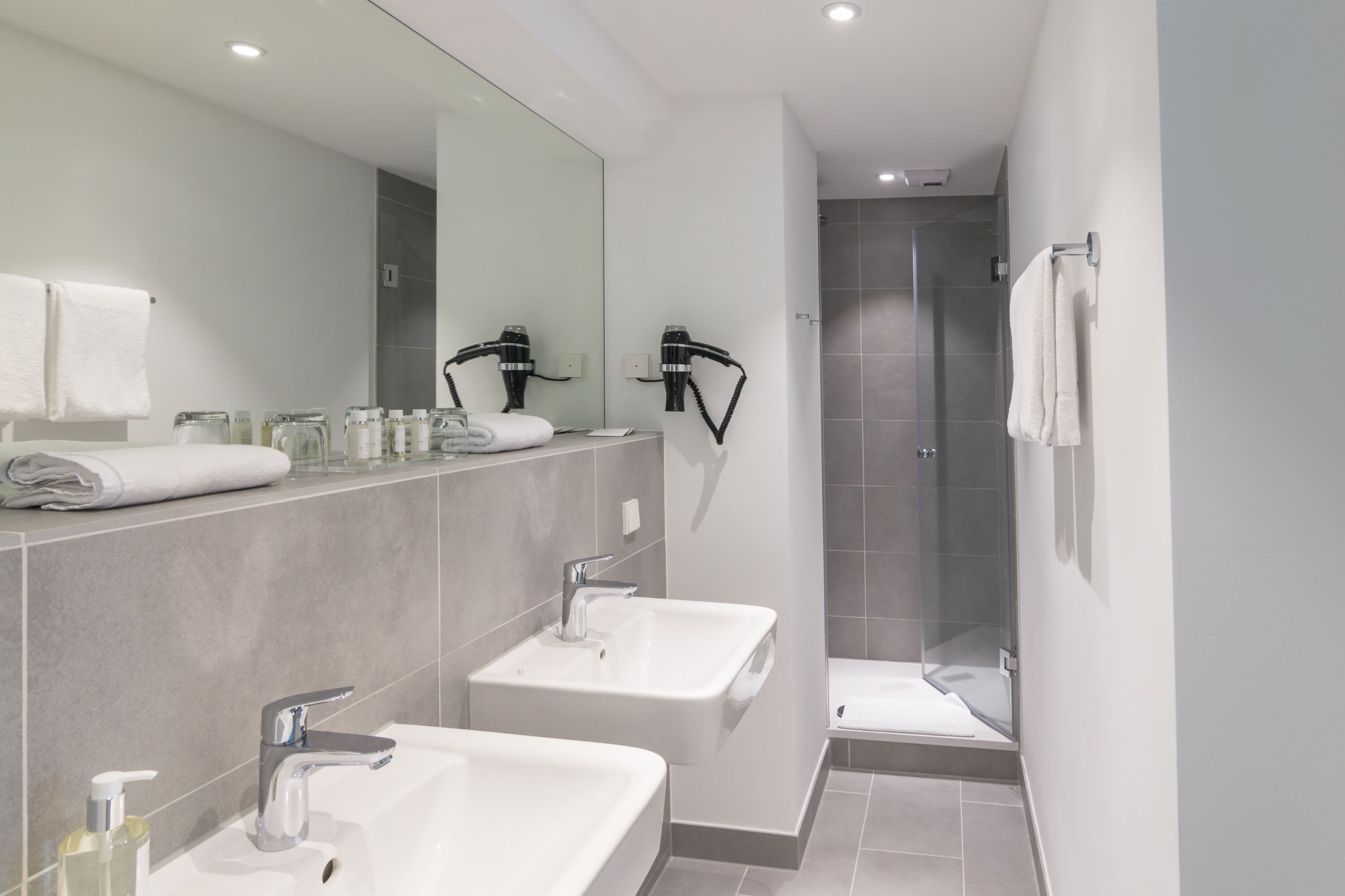 junior studio suite | bathroom | shower, rainfall showerhead, designer toiletries, hair dryer
