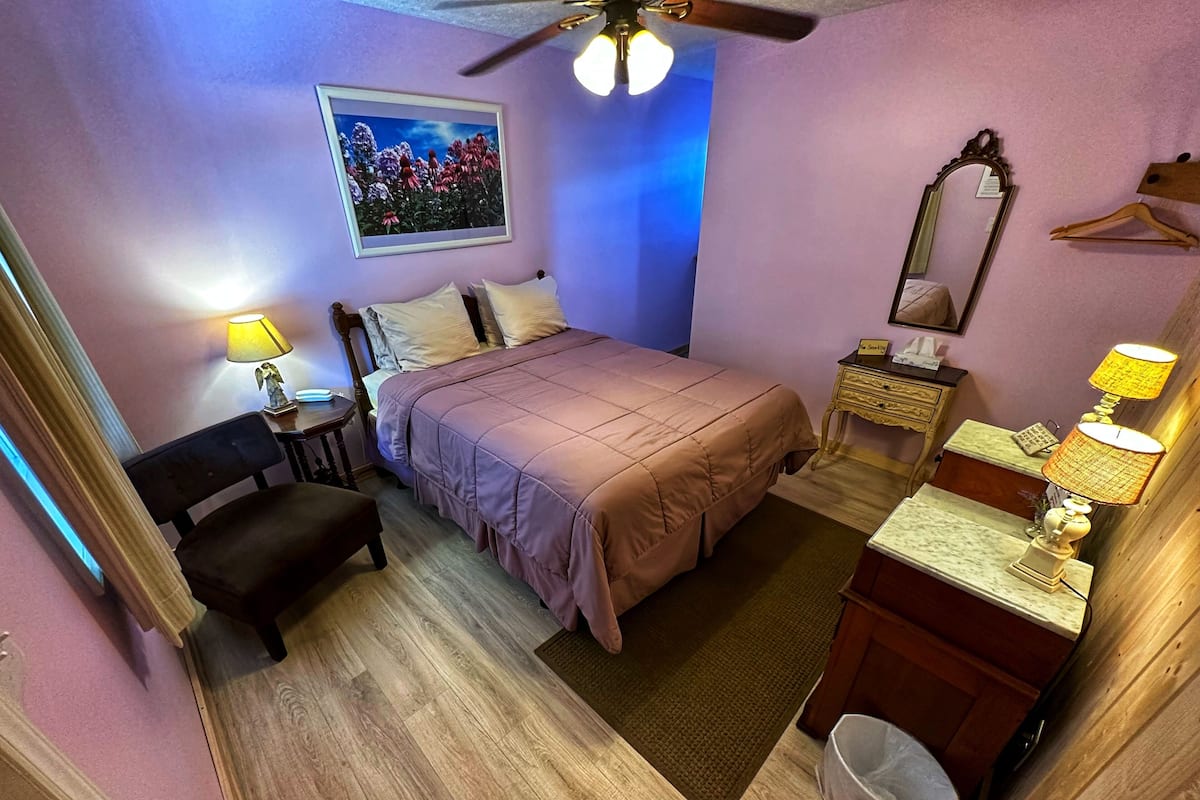 Un dormitorio con cama, mesita de noche, lámpara, cómoda, espejo y una pequeña silla.