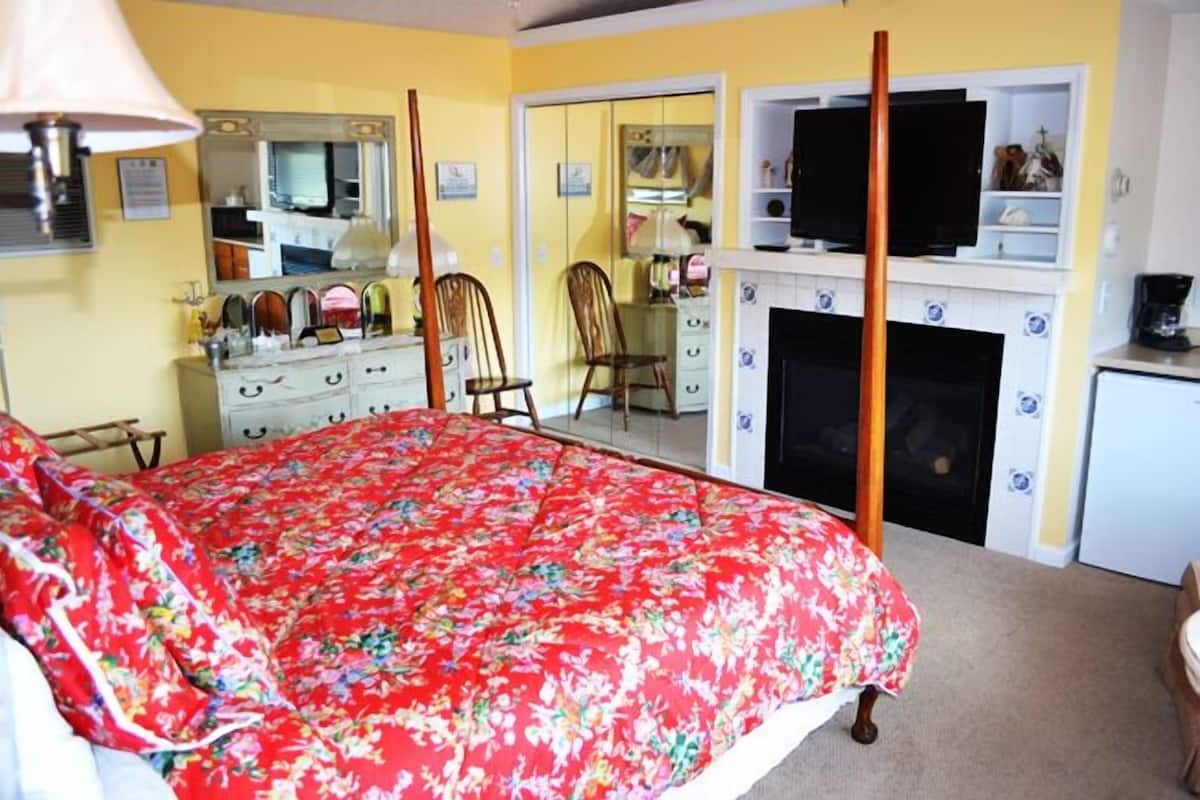 Un dormitorio con cama con dosel, televisor, chimenea y espejo.