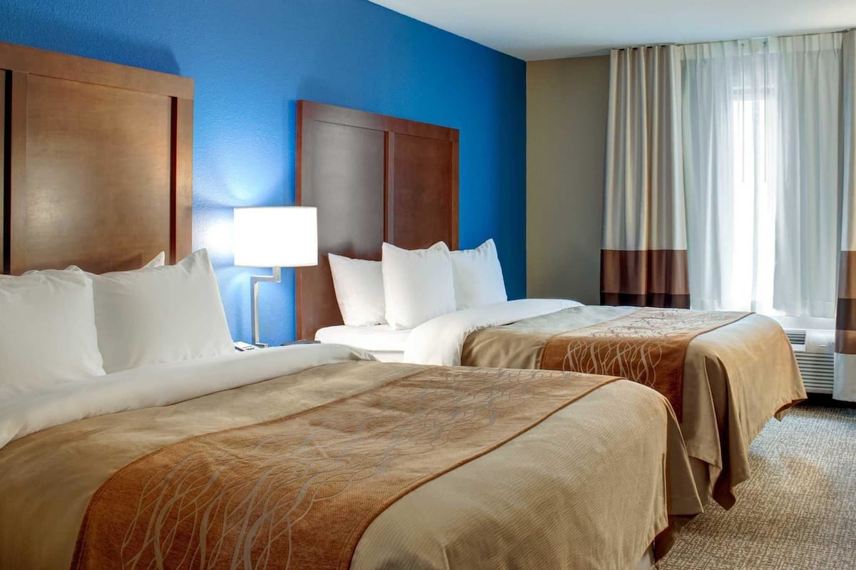 A hotel room with two beds, a blue accent wall, a large window with curtains, and a bedside lamp.