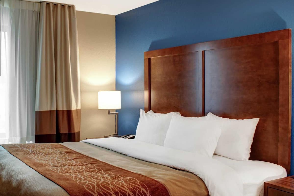 A hotel room with a large bed, a wooden headboard, a bedside table, and a lamp.