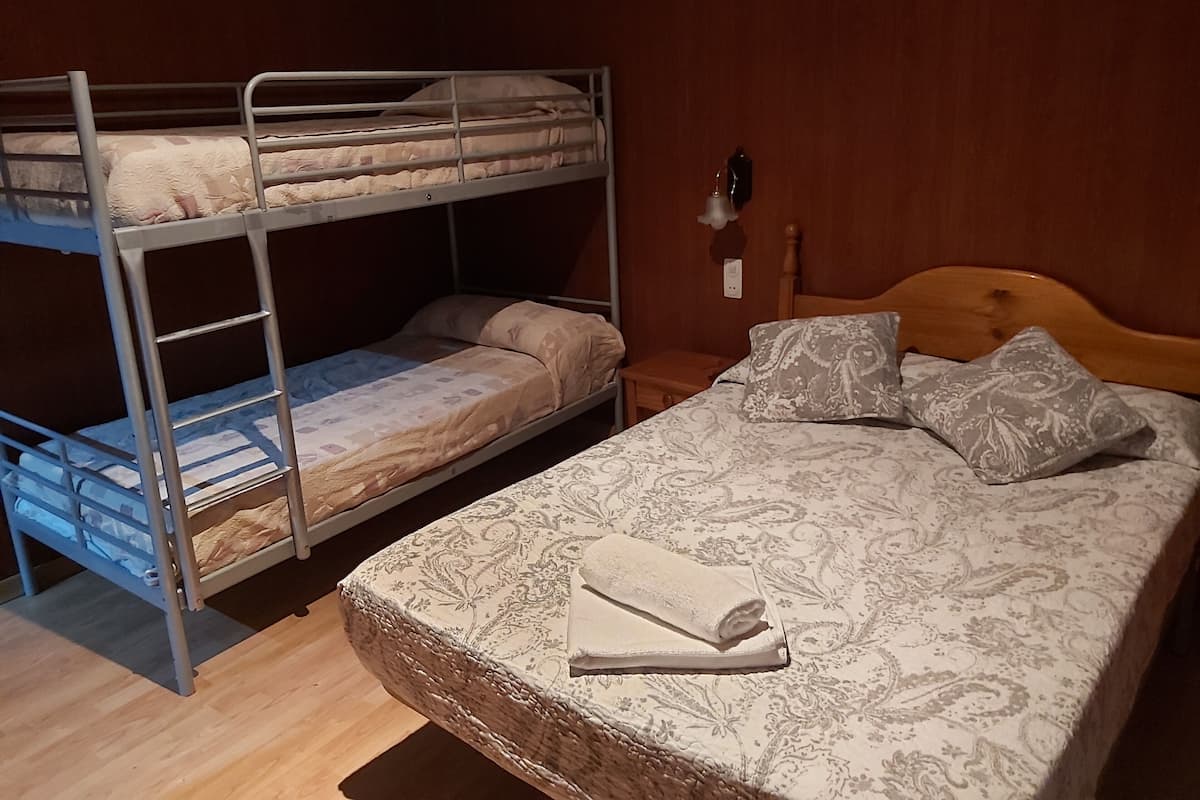 A bunk bed with a lower bunk and a single bed with patterned bedding and pillows.