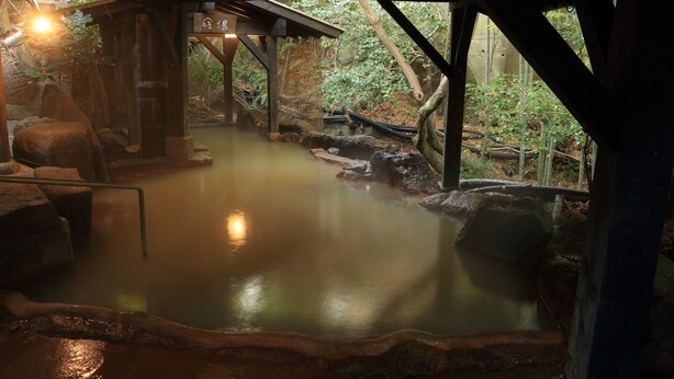A hot spring area with wooden structures and a natural forest backdrop. - Kurokawa Onsen Ryokan Wakaba (Minamioguni)