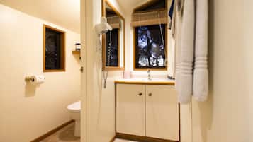 Ein Badezimmer mit Toilette, einem Spiegelschrank, einem Fenster mit Jalousien und einem Handtuchhalter.