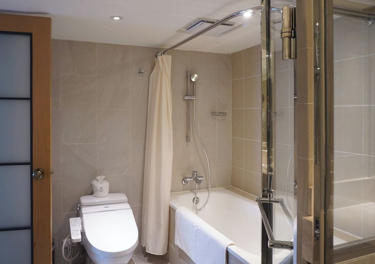 deluxe suite, 1 king bed | bathroom | combined shower/bathtub, hair dryer, towels, shampoo