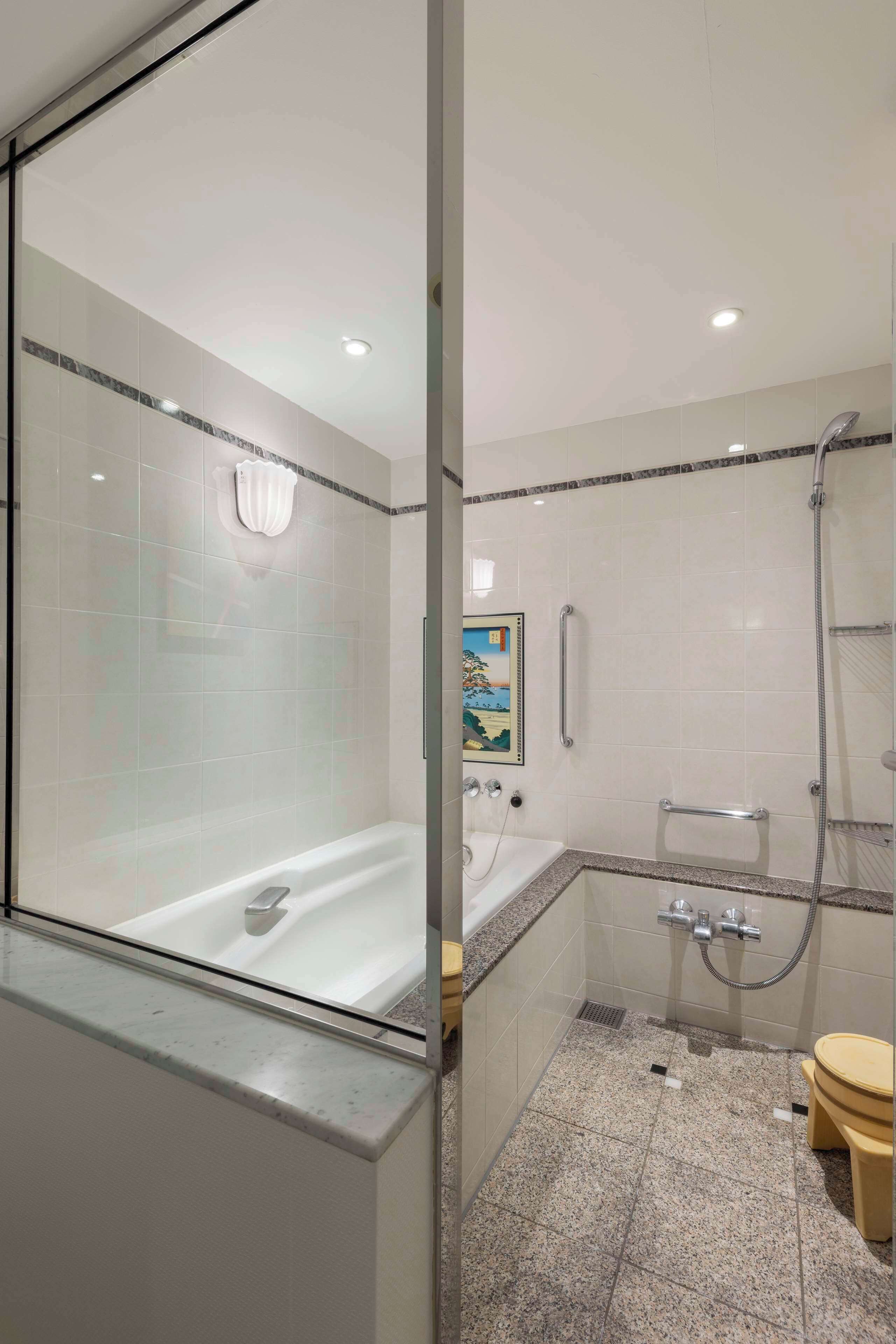 combined shower/bathtub, free toiletries, hair dryer, slippers