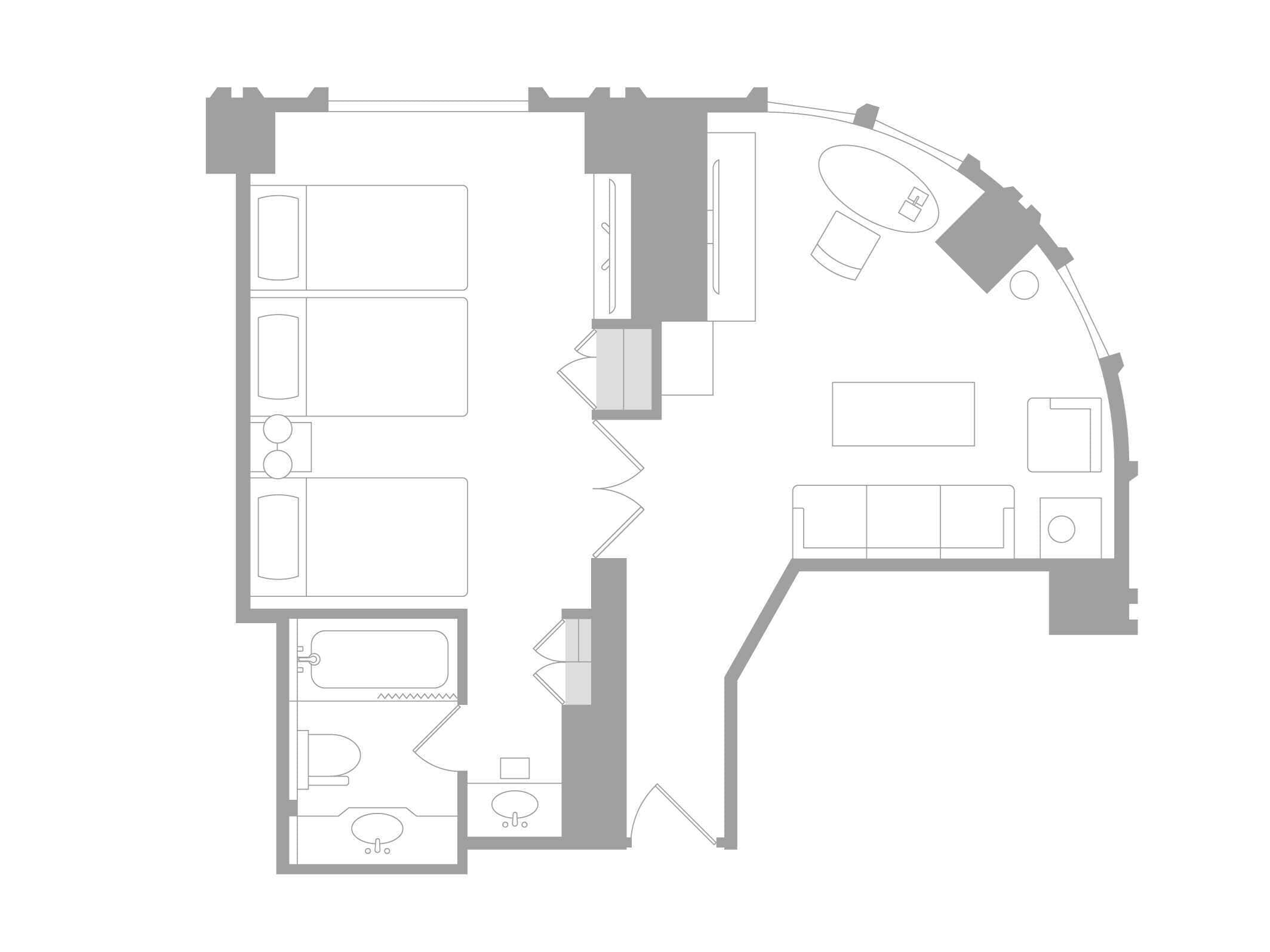 Plano de una habitación de hotel que incluye un baño, una kitchenette, una sala de estar y un dormitorio.