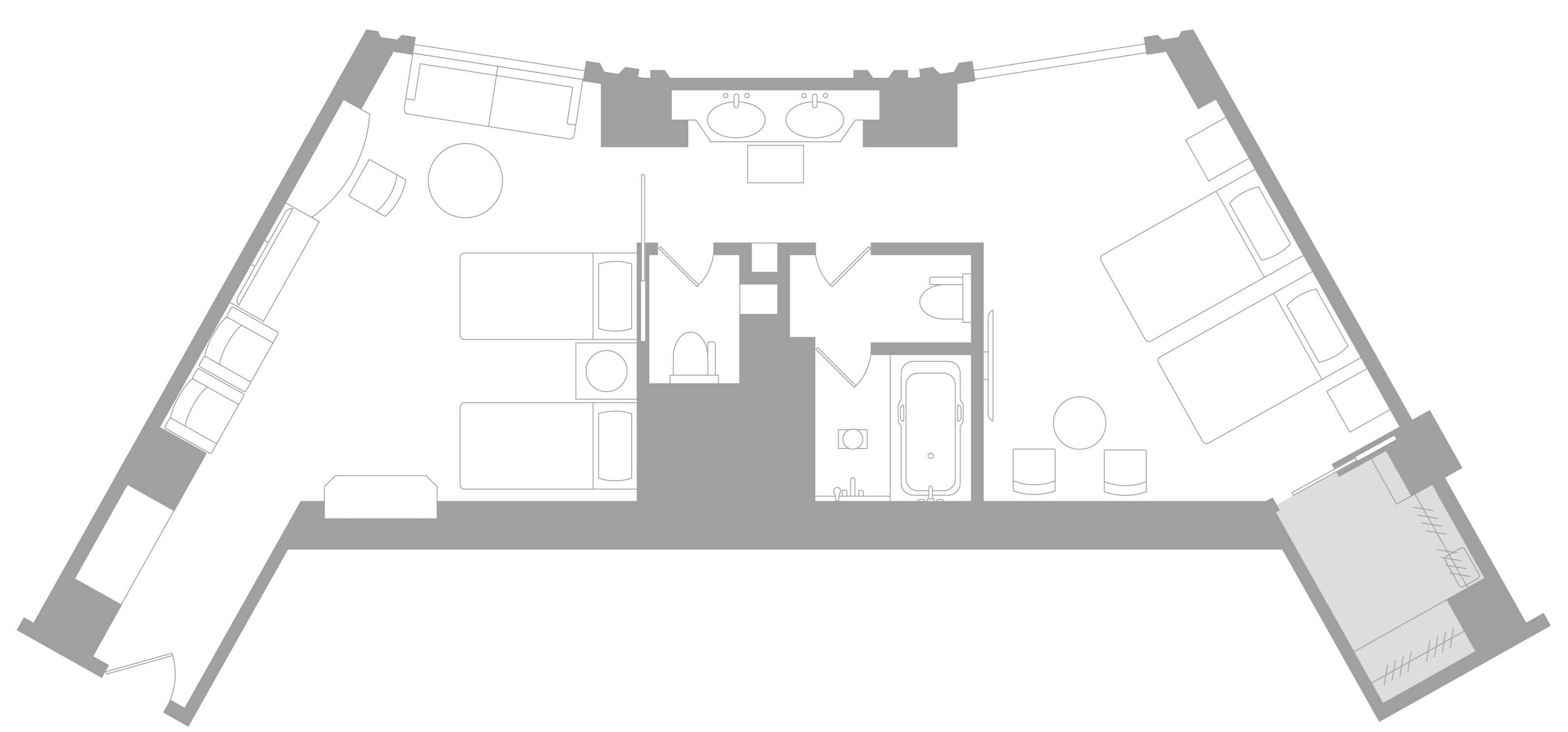 Plano de planta de un hotel con pasillo central, varias habitaciones, cocina y baño.