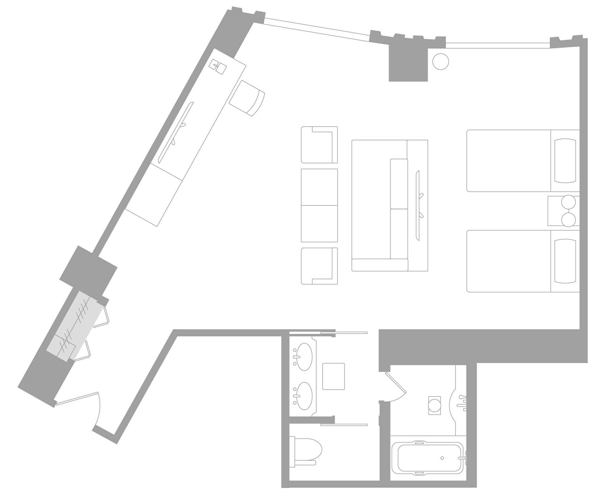 A floor plan of a hotel with multiple rooms, a kitchen, and a bathroom.