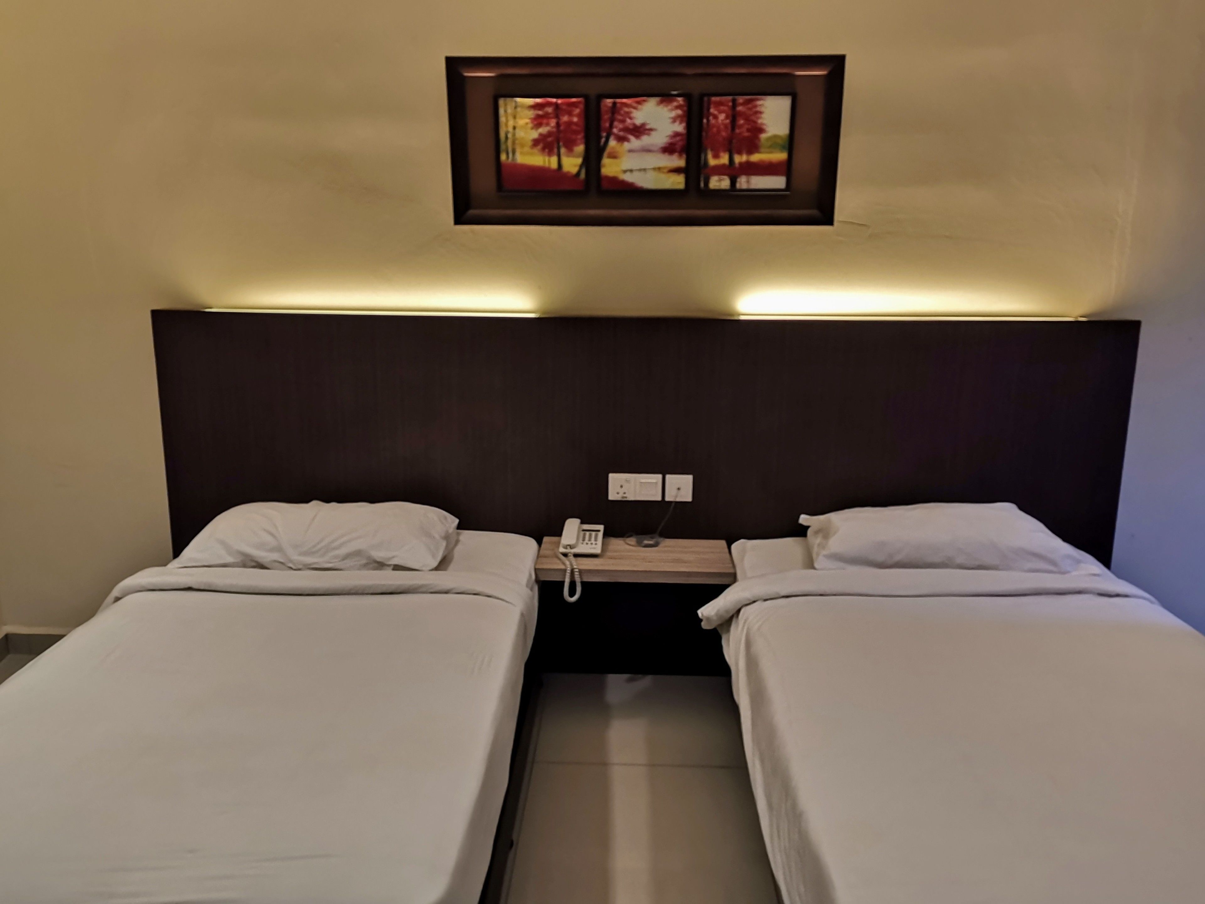 A hotel room with two single beds, a bedside telephone, and a framed picture above the beds.