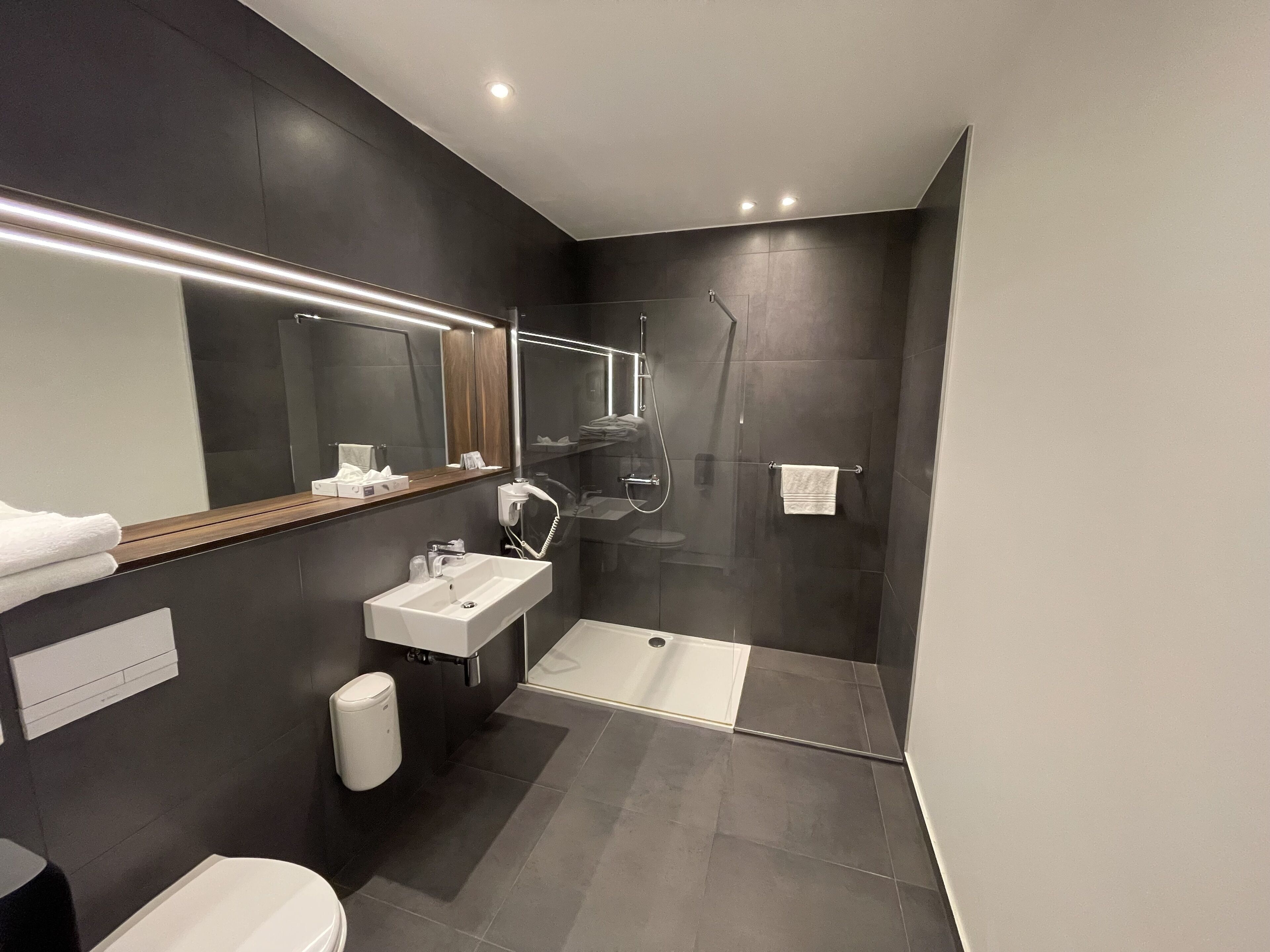 A modern bathroom with a large mirror, a sink, a toilet, and a shower area.