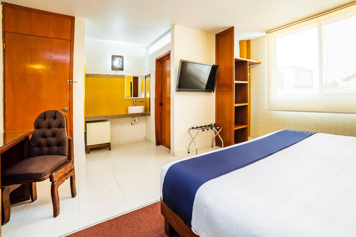 A hotel room with a bed, a desk, a chair, a TV, a mirror, and a window.