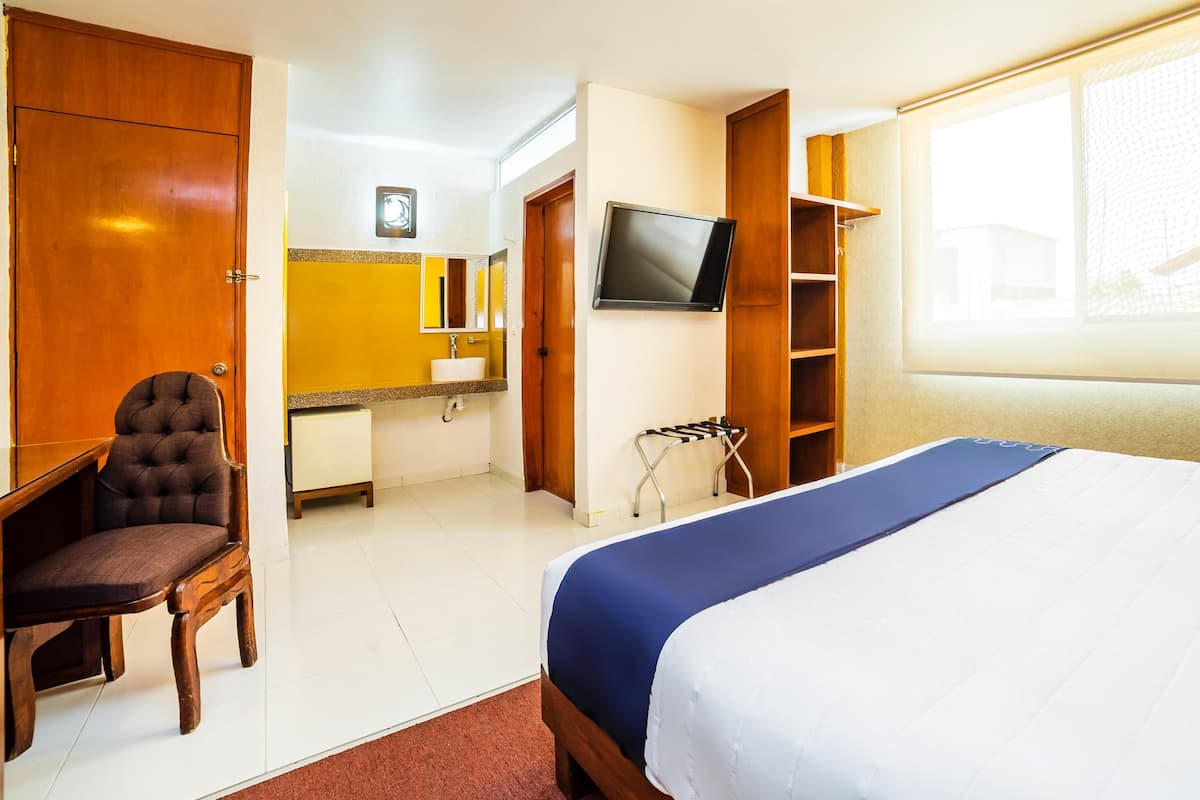 Quarto de hotel com uma cama, uma escrivaninha, uma cadeira, uma televisão, um espelho e uma janela.
